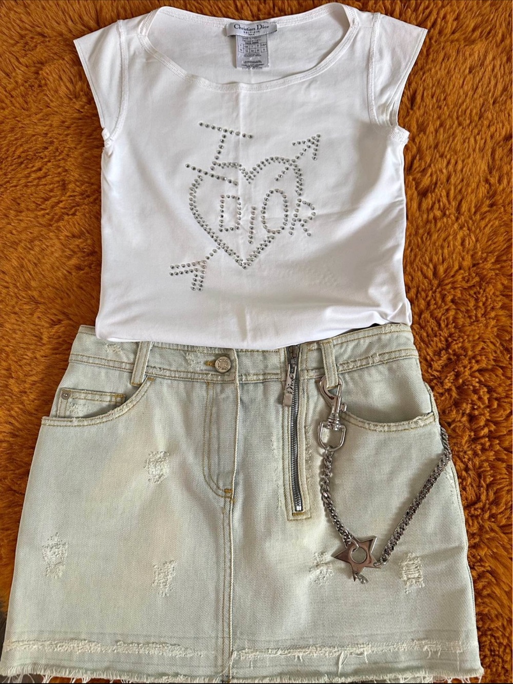 NEW Dior HARDCORE Rhinestone Heart T-Shirt and Distressed Denim Mini Skirt Set